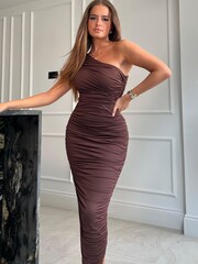 Girl In Mind Brown Monica One Shoulder Ruched Midi Dress - Image 1 of 4