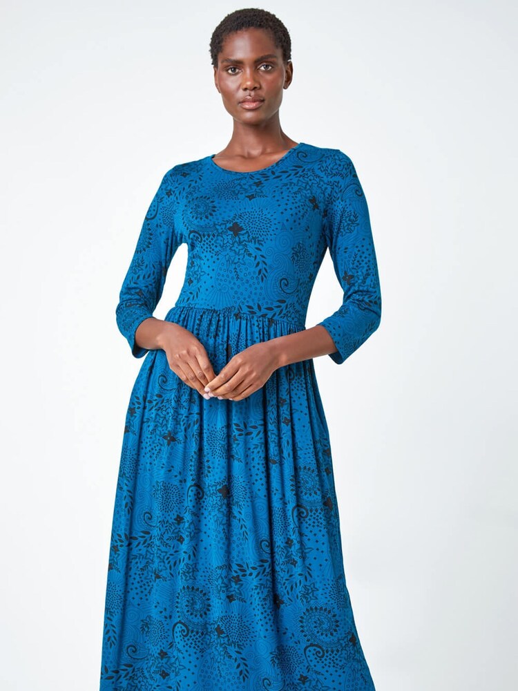 Roman Blue Paisley Print Midi Stretch Dress - Image 1 of 4