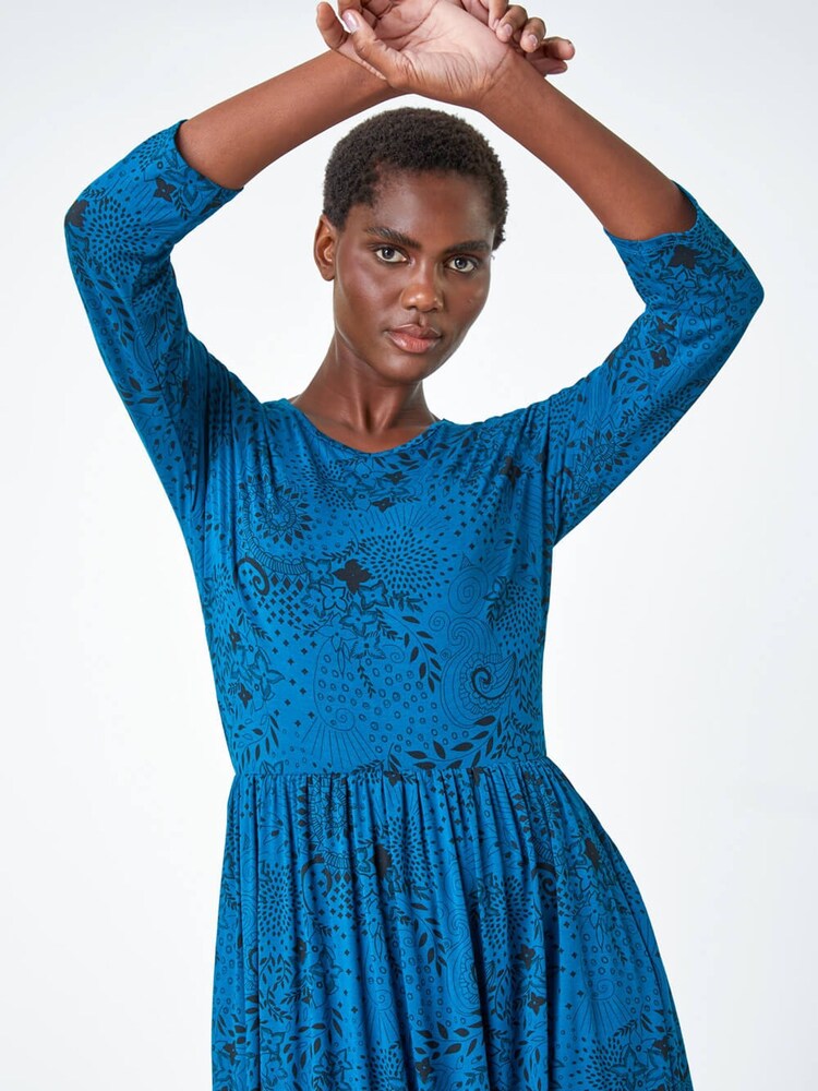 Roman Blue Paisley Print Midi Stretch Dress - Image 4 of 4