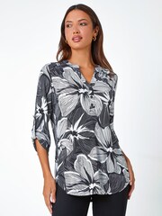 Roman Black Floral Textured Stretch Blouse - Image 1 of 1