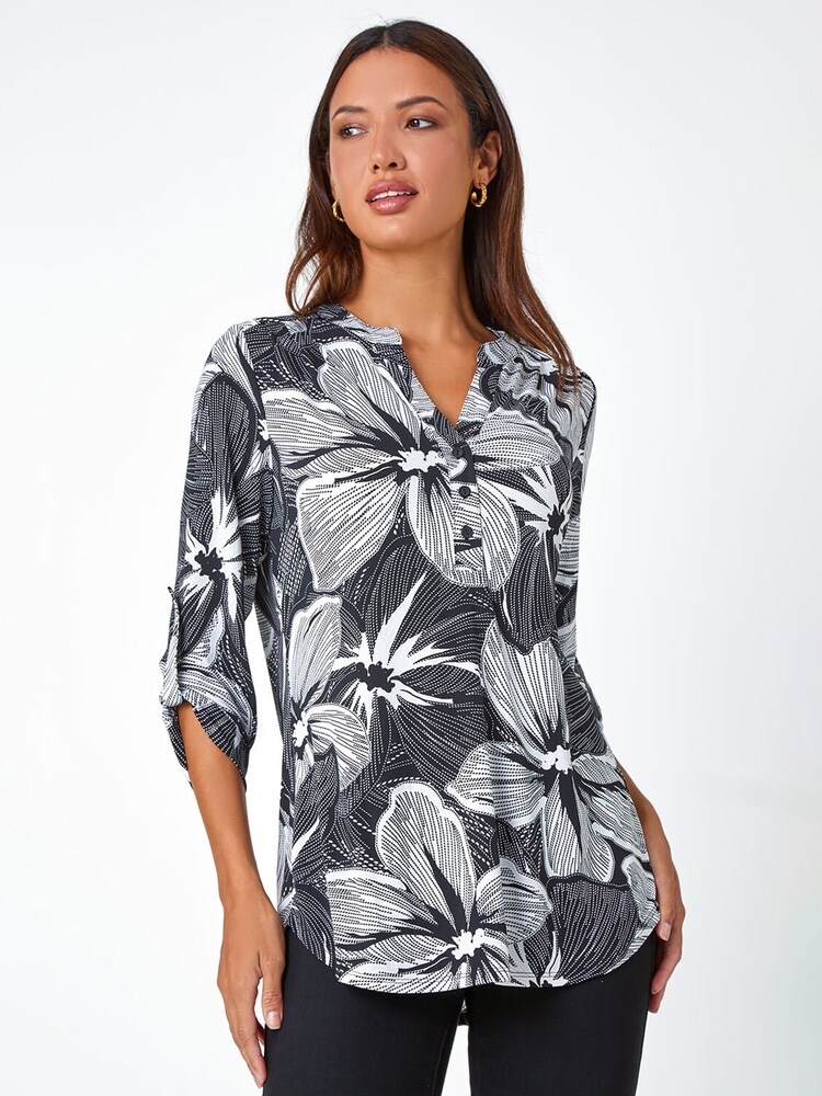 Roman Black Floral Textured Stretch Blouse - Image 1 of 1