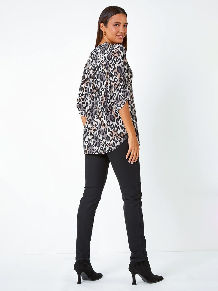 Roman Grey Animal Print Stretch Blouse - Image 2 of 5 Roman Grey Animal Print Stretch Blouse - Image 2 of 5