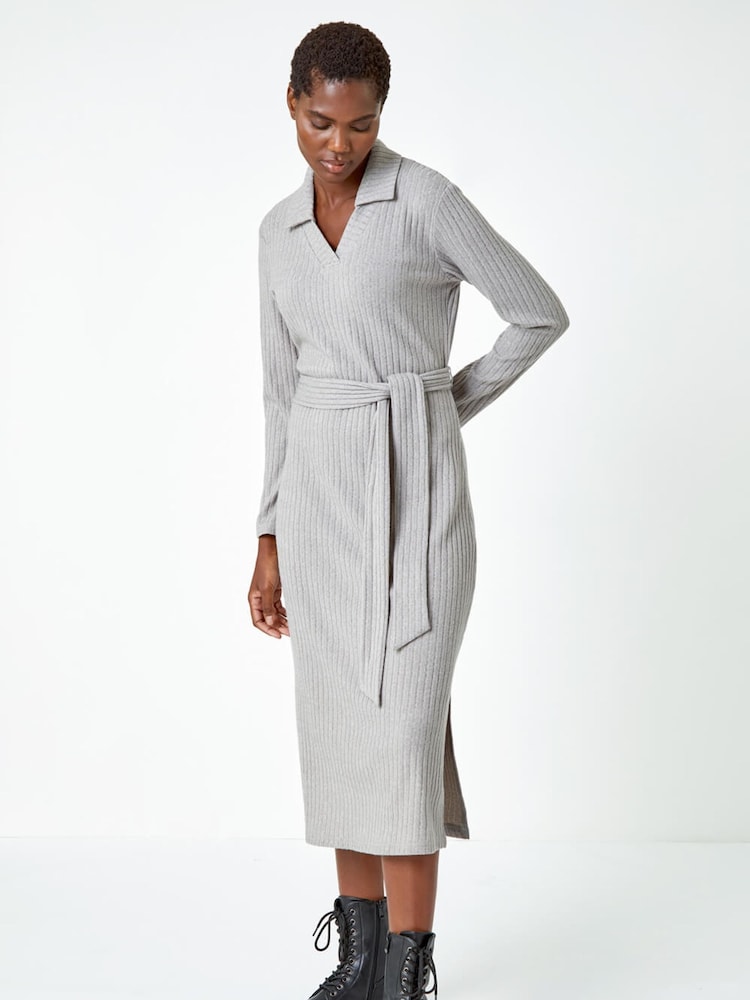 Roman Grey Ribbed Stretch Midi Jumper Dress - Image 2 of 5