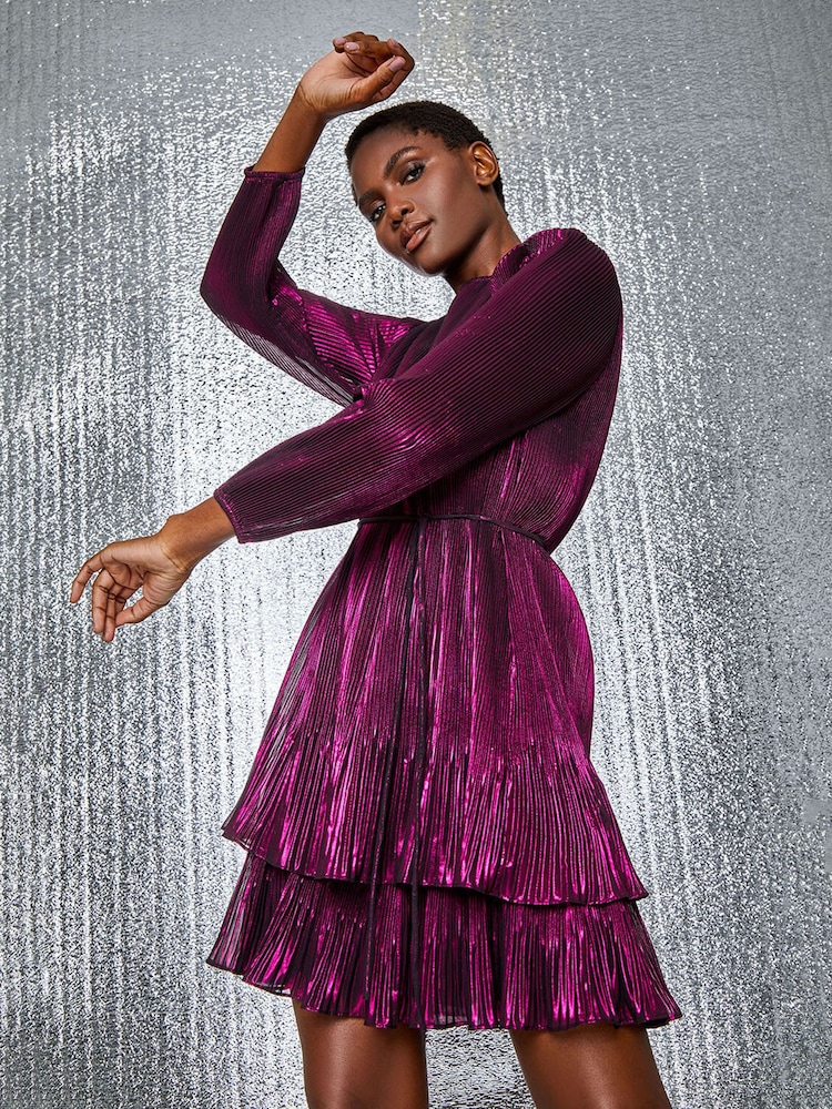 Roman Purple Plisse Shimmer Tiered Mini Dress - Image 2 of 5