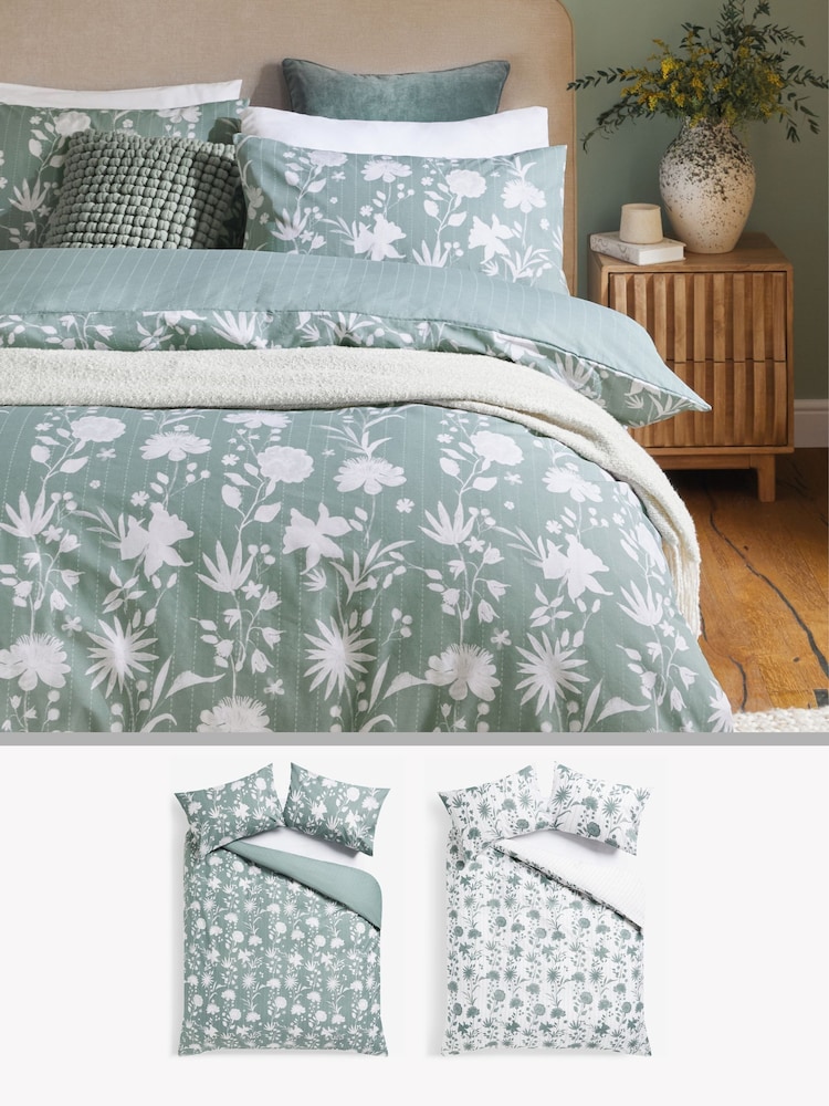 2 Pack Green/White Floral Reversible Duvet Cover and Pillowcase Set - Image 1 of 7