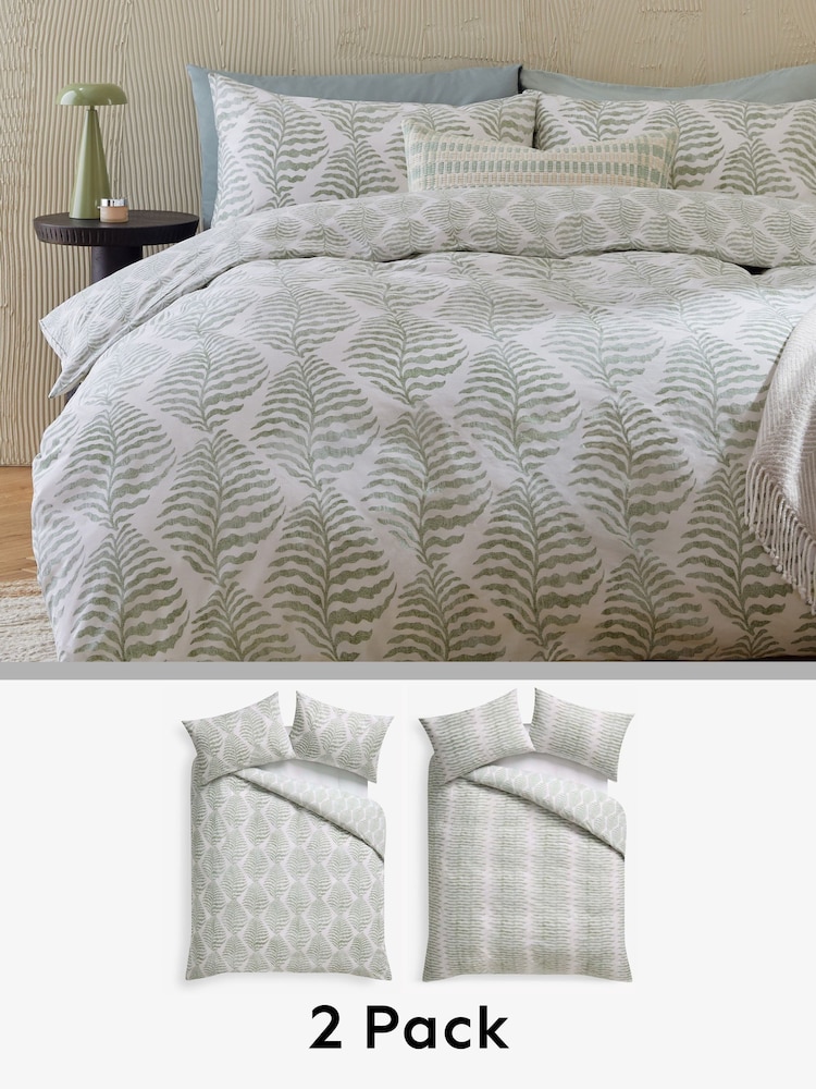 2 Pack Green/White Leaf Reversible Duvet Cover and Pillowcase Set - Image 1 of 5