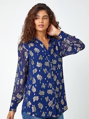 Roman Blue Shimmer Foil Floral Shirt - Image 1 of 5