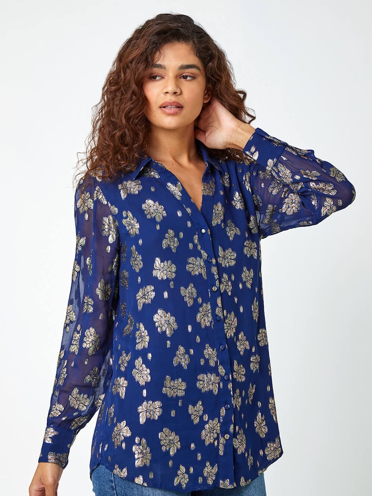 Roman Blue Shimmer Foil Floral Shirt - Image 1 of 5