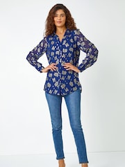 Roman Blue Shimmer Foil Floral Shirt - Image 3 of 5