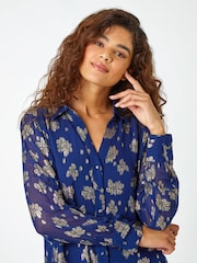 Roman Blue Shimmer Foil Floral Shirt - Image 4 of 5