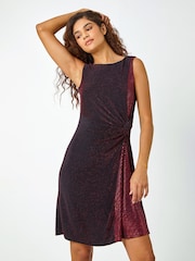 Roman Red Glitter Gathered Sequin Stretch Dress - Image 1 of 5