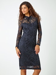 Roman Blue Shimmer Stretch Lace Twist Neck Dress - Image 1 of 5