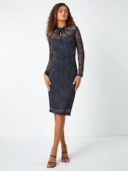 Roman Blue Shimmer Stretch Lace Twist Neck Dress - Image 2 of 5