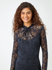 Roman Blue Shimmer Stretch Lace Twist Neck Dress - Image 4 of 5