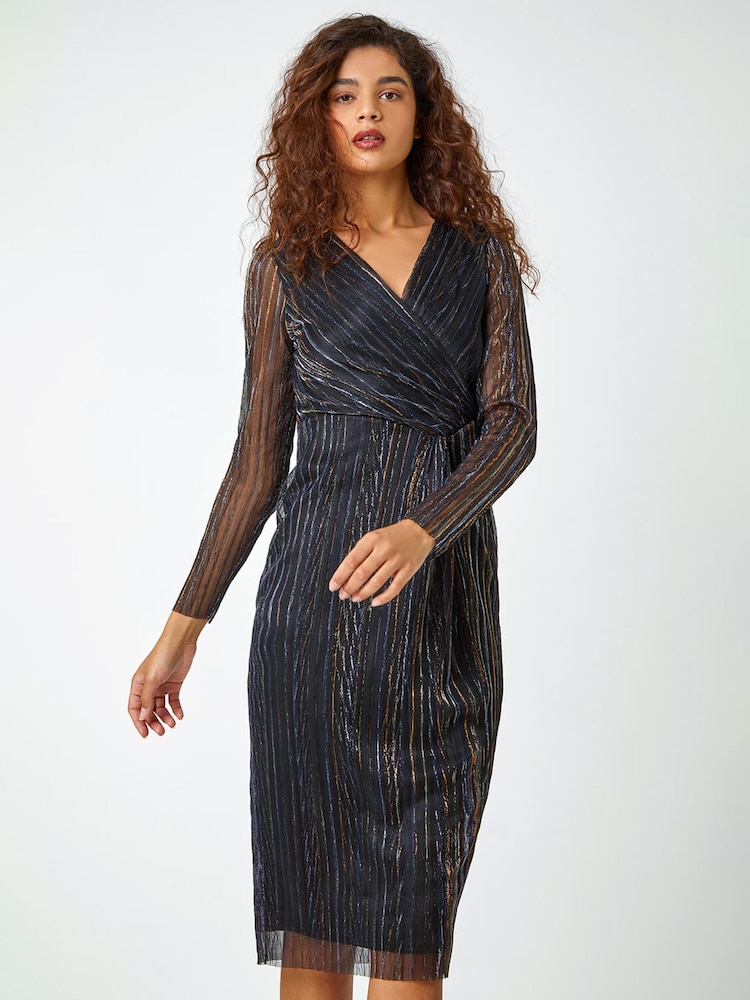 Roman Black Shimmer Stripe Print Midi Wrap Dress - Image 1 of 5