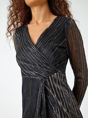 Roman Black Shimmer Stripe Print Midi Wrap Dress - Image 5 of 5