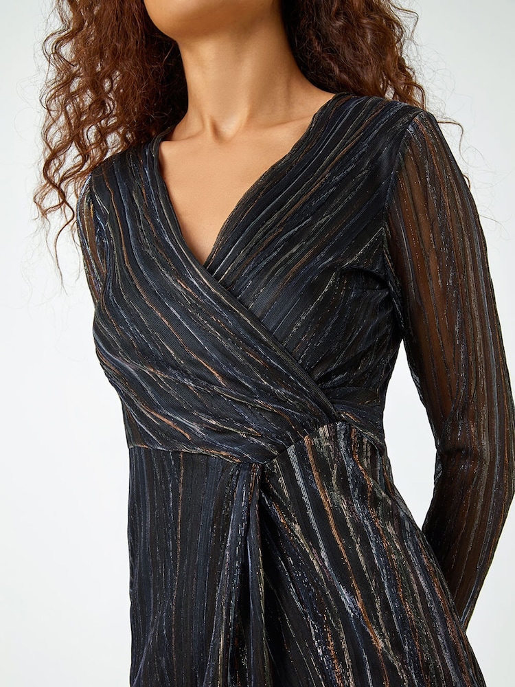 Roman Black Shimmer Stripe Print Midi Wrap Dress - Image 5 of 5
