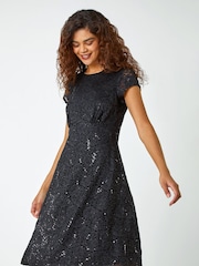 Roman Black Sequin Fluted Hem Lace Stretch Dress - Image 1 of 5