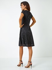Roman Black Sequin Fluted Hem Lace Stretch Dress - Image 2 of 5