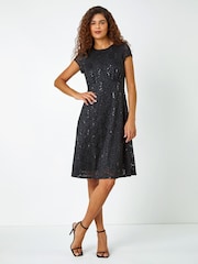 Roman Black Sequin Fluted Hem Lace Stretch Dress - Image 3 of 5