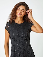 Roman Black Sequin Fluted Hem Lace Stretch Dress - Image 4 of 5