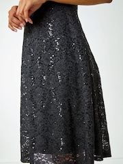 Roman Black Sequin Fluted Hem Lace Stretch Dress - Image 5 of 5
