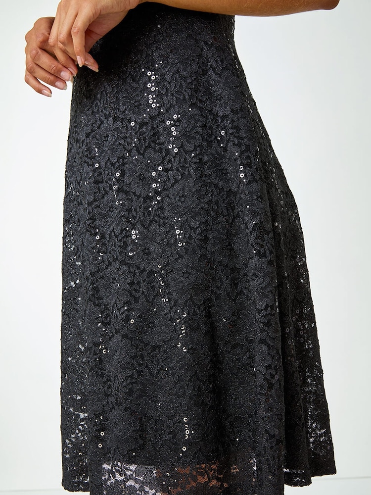 Roman Black Sequin Fluted Hem Lace Stretch Dress - Image 5 of 5