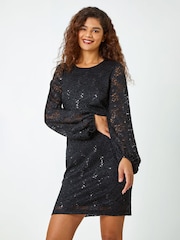 Roman Black 100% Cotton Sequin Detail Lace Shift Stretch Dress - Image 1 of 5