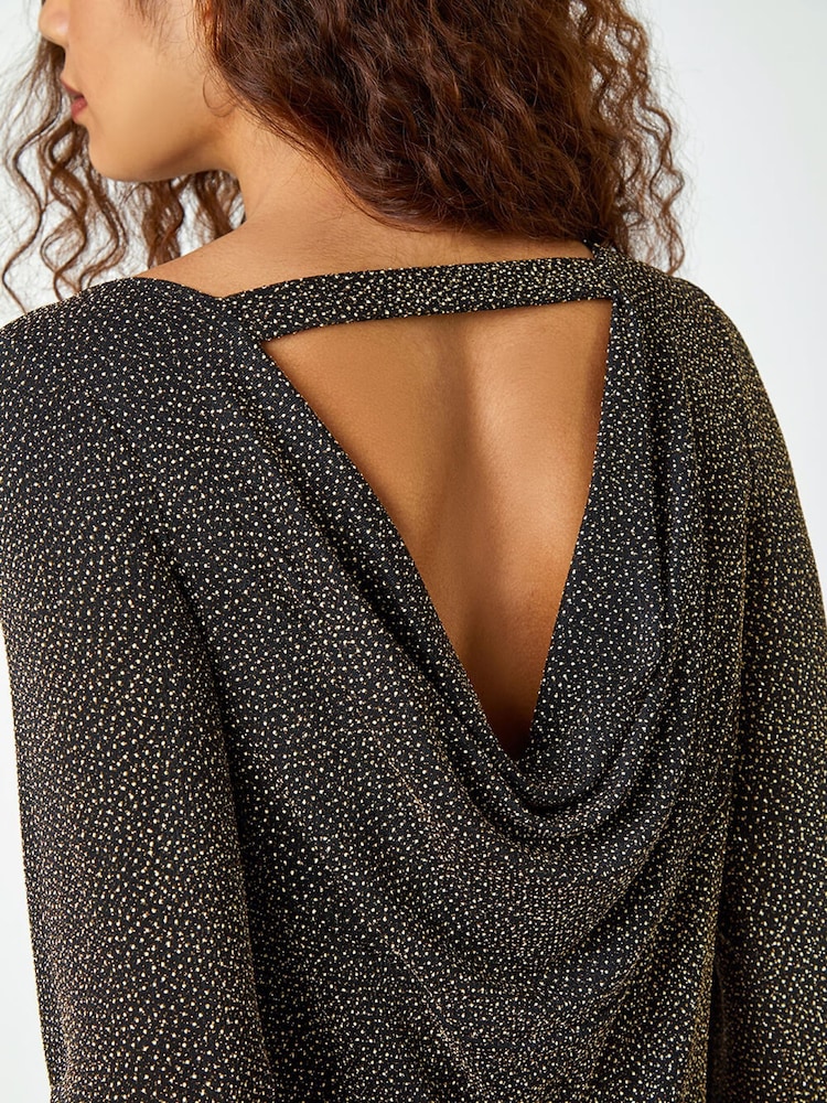 Roman Metallic Chrome Glitter Cowl Cutout Swing Stretch Dress - Image 5 of 5