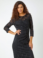 Roman Black Sequin Lace Overlay Ruched Dress - Image 1 of 5