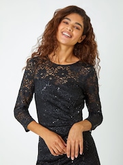 Roman Black Sequin Lace Overlay Ruched Dress - Image 4 of 5