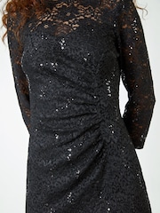 Roman Black Sequin Lace Overlay Ruched Dress - Image 5 of 5