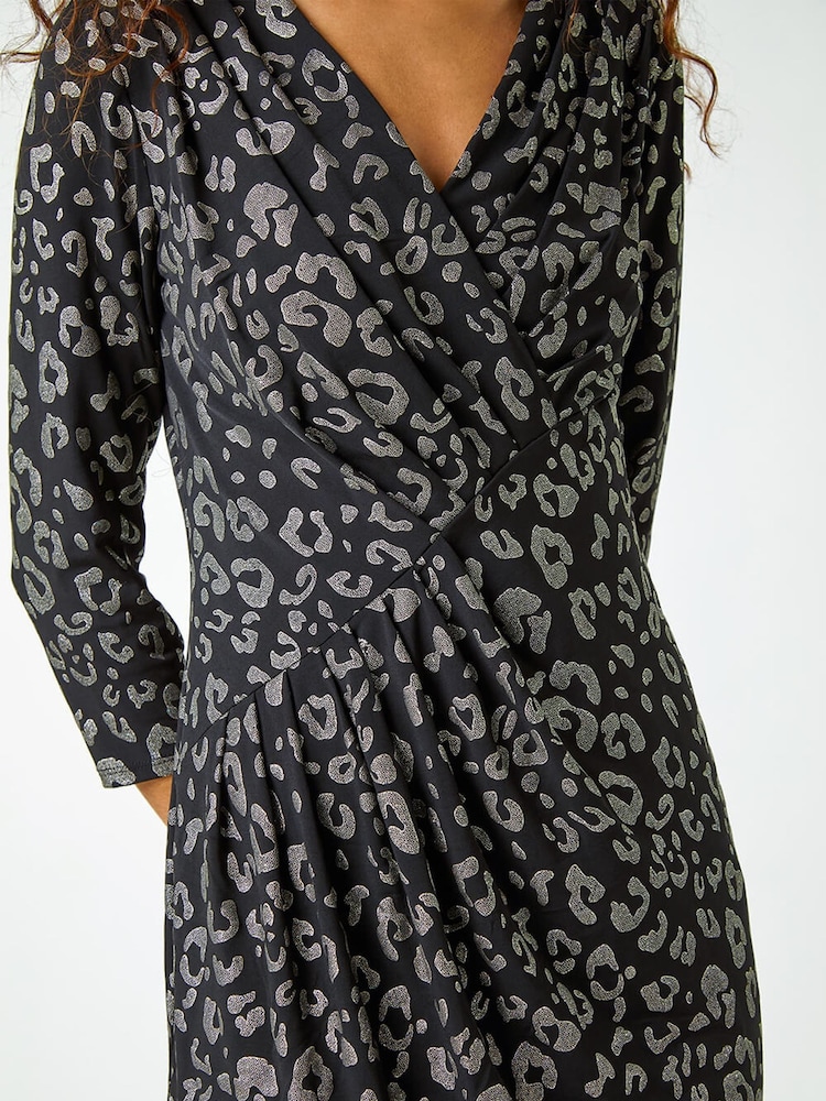 Roman Black Metallic Animal Print Midi Stretch Dress - Image 5 of 5