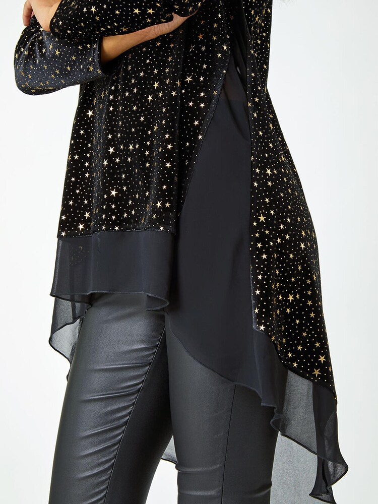 Roman Metallic Star Print Velvet Chiffon Hem Top - Image 5 of 5