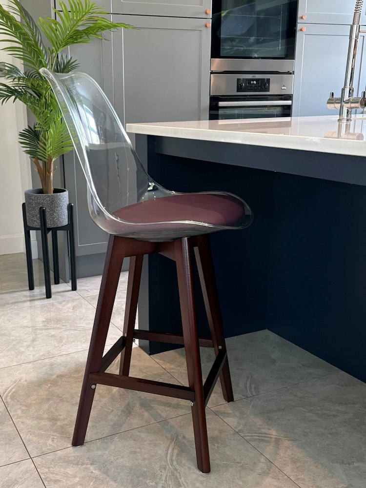 Fusion Living Aubergine Soho Clear Plastic Bar Stool with Dark Wood Legs - Image 1 of 5