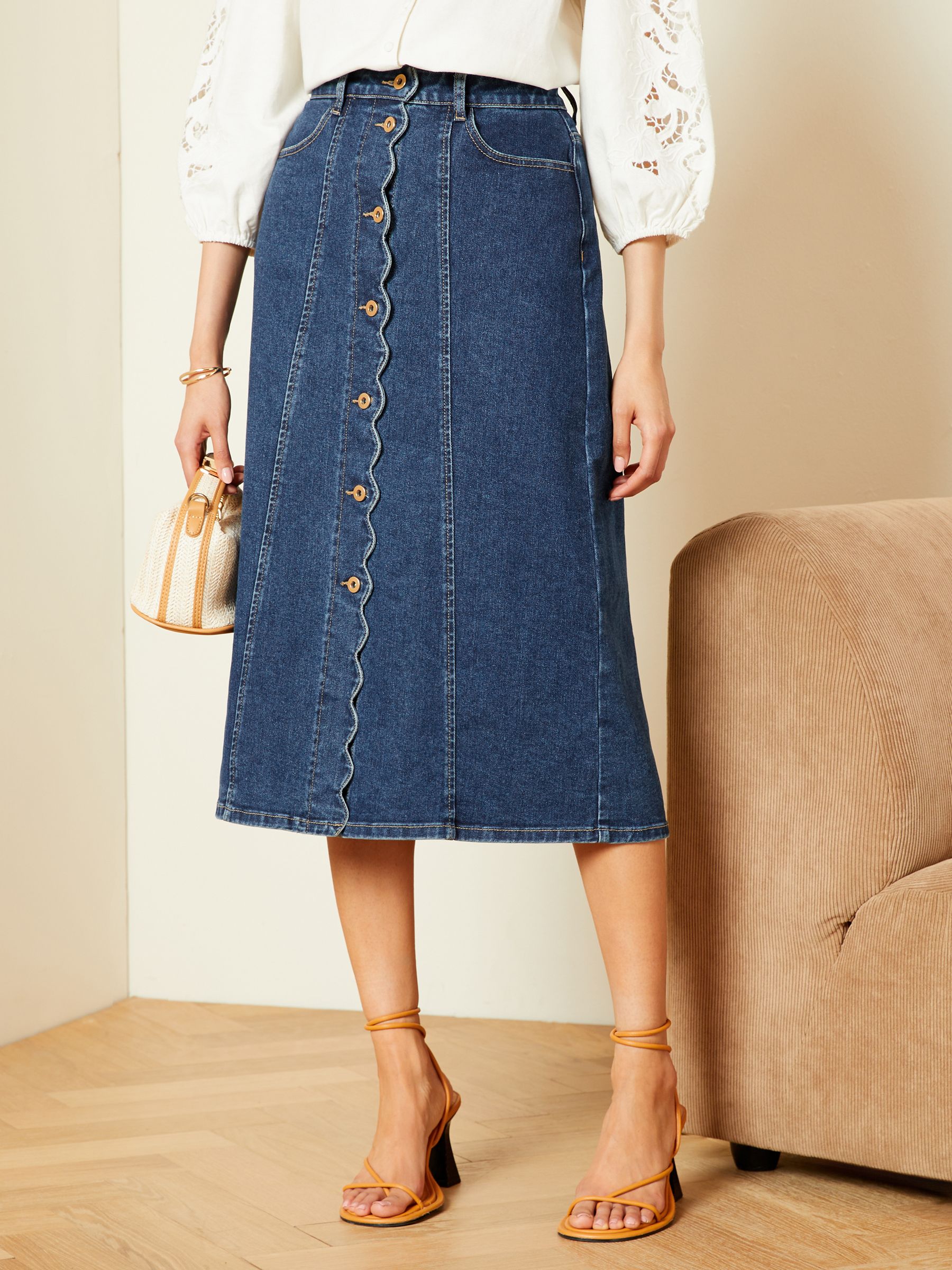 Love Roses Blue Petite Denim Scallop Button Through Midi Skirt