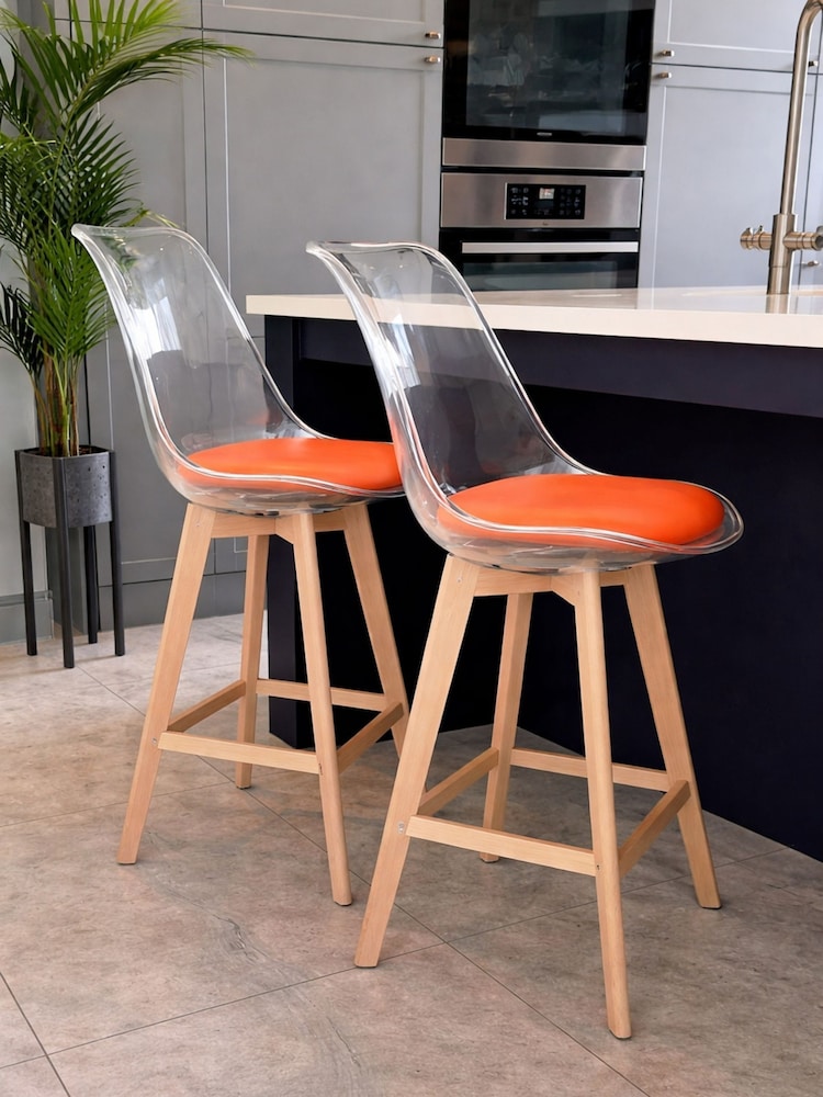 Fusion Living Set of 2 Orange Soho Clear Plastic Bar Stools with Light Wood Legs - Image 1 of 5 Fusion Living Set of 2 Orange Soho Clear Plastic Bar Stools with Light Wood Legs - Image 1 of 5