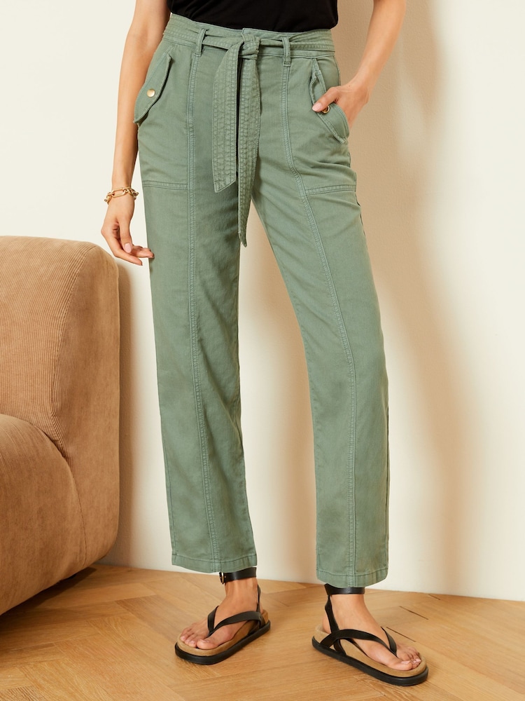 Love & Roses Khaki Green Cotton Utility Belted Trousers - Image 1 of 4 Love & Roses Khaki Green Cotton Utility Belted Trousers - Image 1 of 4