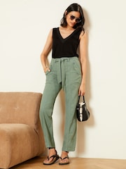 Love & Roses Khaki Green Cotton Utility Belted Trousers - Image 4 of 4