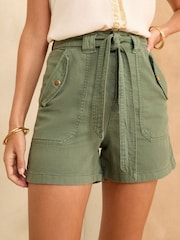 Love & Roses Khaki Green Belted Cotton Twill Utility Shorts - Image 1 of 3