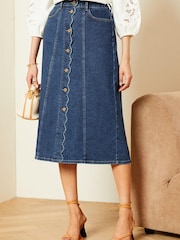 Love & Roses Blue Denim Scallop Button Through Midi Skirt - Image 1 of 4