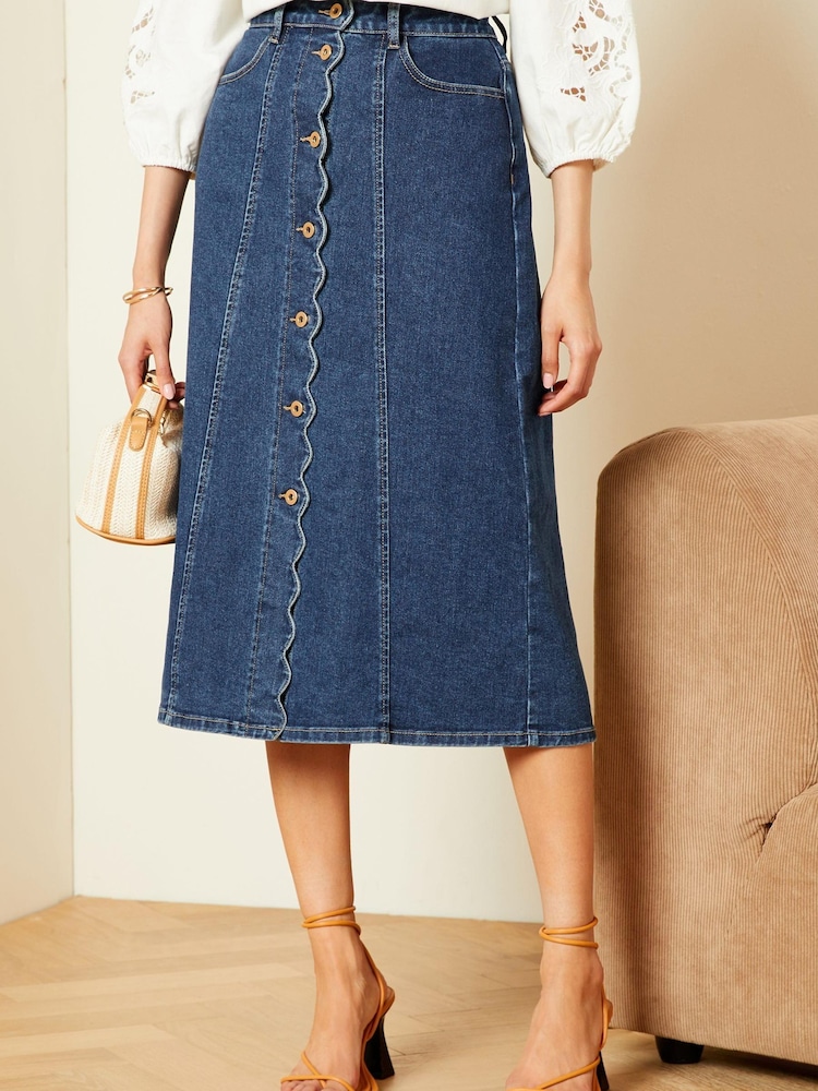 Love & Roses Blue Denim Scallop Button Through Midi Skirt - Image 1 of 4