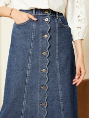 Love & Roses Blue Denim Scallop Button Through Midi Skirt - Image 2 of 4