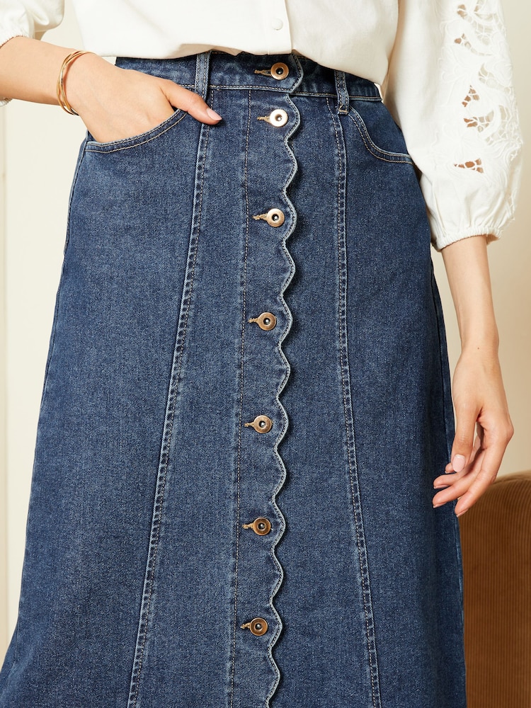 Love & Roses Blue Denim Scallop Button Through Midi Skirt - Image 2 of 4
