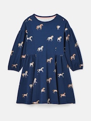 Joules Girls' Aubrey Navy Blue Horse Print Jersey Dress - Image 1 of 4