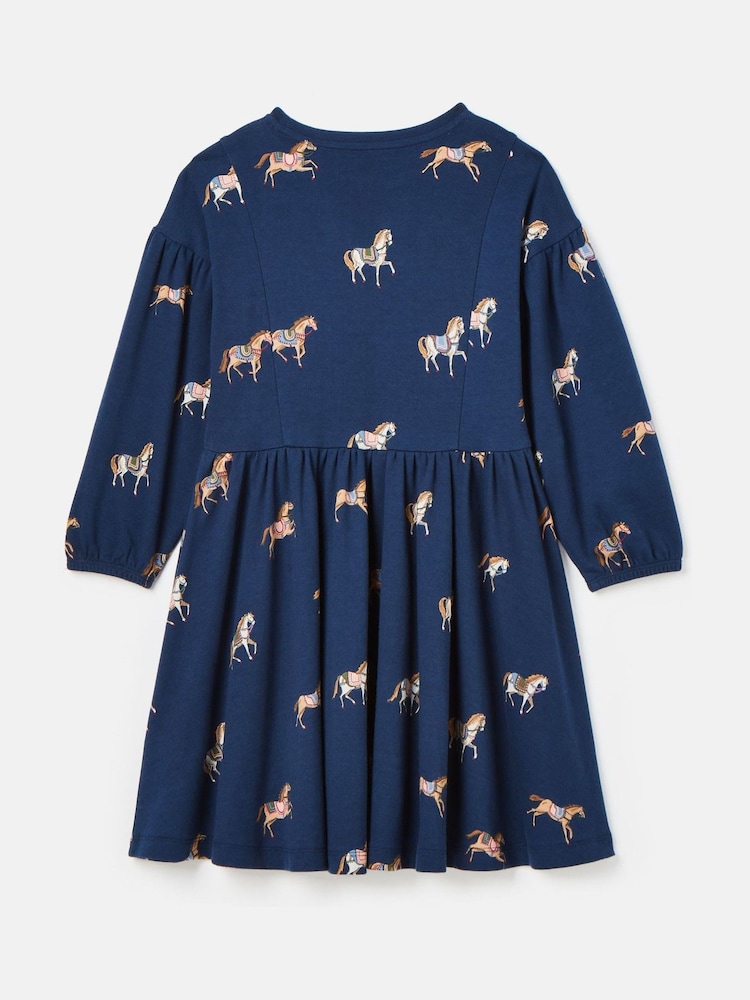 Joules Girls' Aubrey Navy Blue Horse Print Jersey Dress - Image 2 of 4