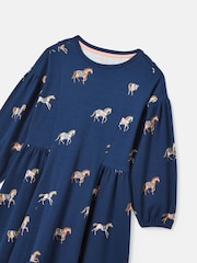 Joules Girls' Aubrey Navy Blue Horse Print Jersey Dress - Image 3 of 4