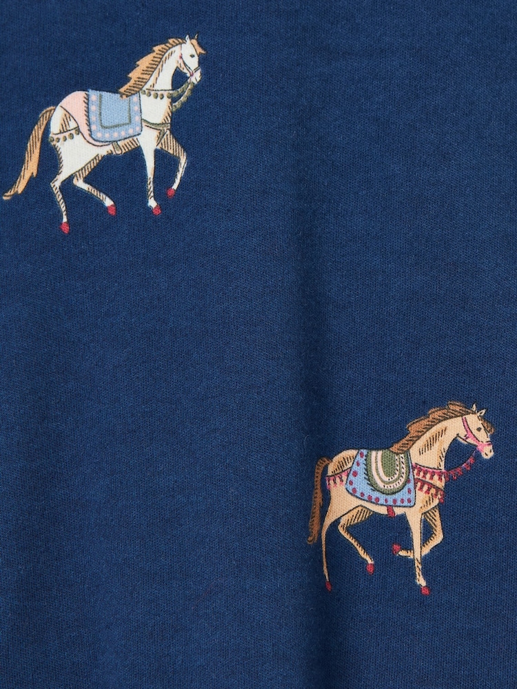 Joules Girls' Aubrey Navy Blue Horse Print Jersey Dress - Image 4 of 4