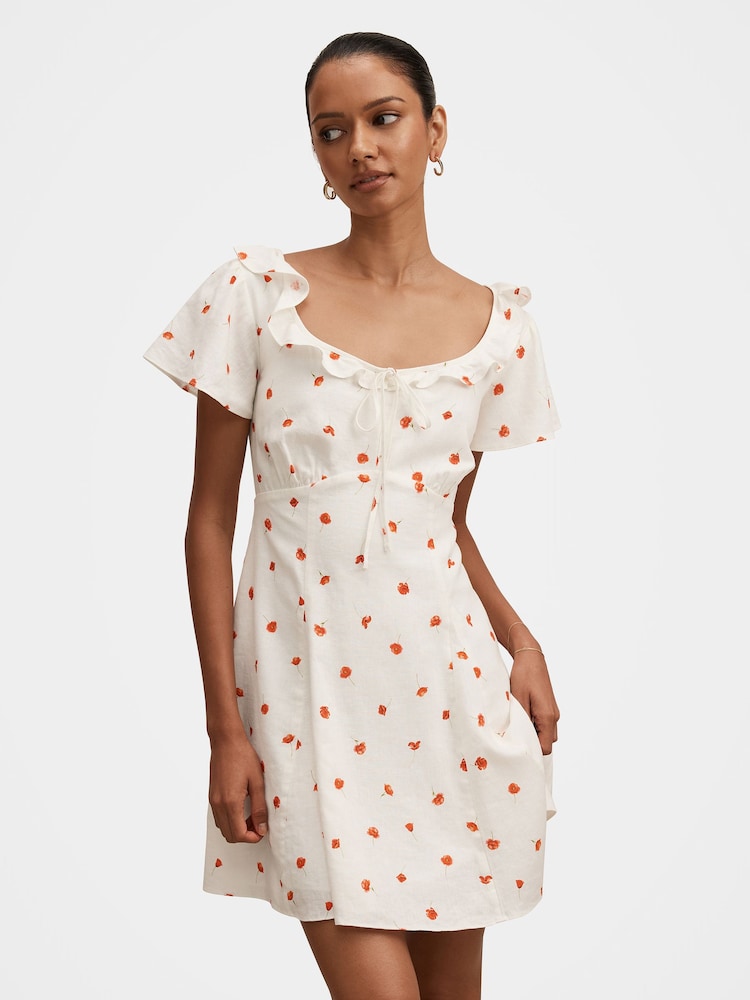 Forever New White Linen Blend Riley Petite Ruffle Neck Mini Dress - Image 1 of 5