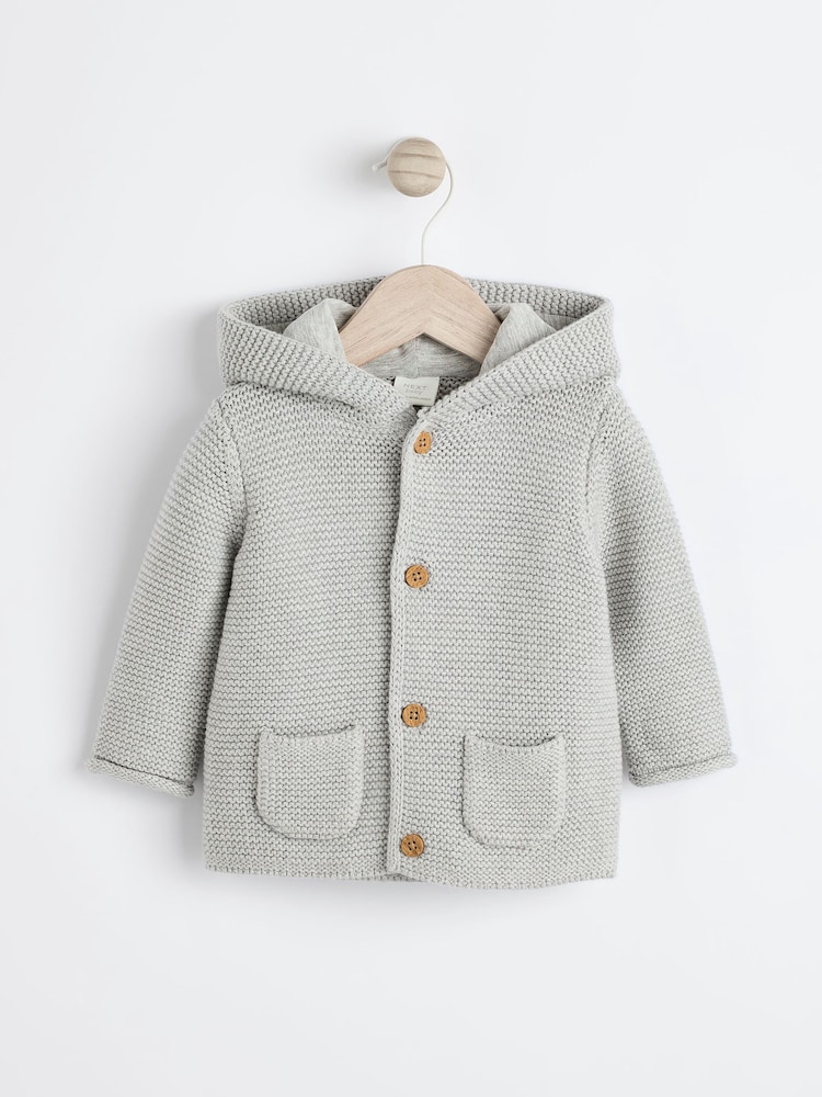 Grey Knitted Hooded Baby Cardigan - Image 1 of 6